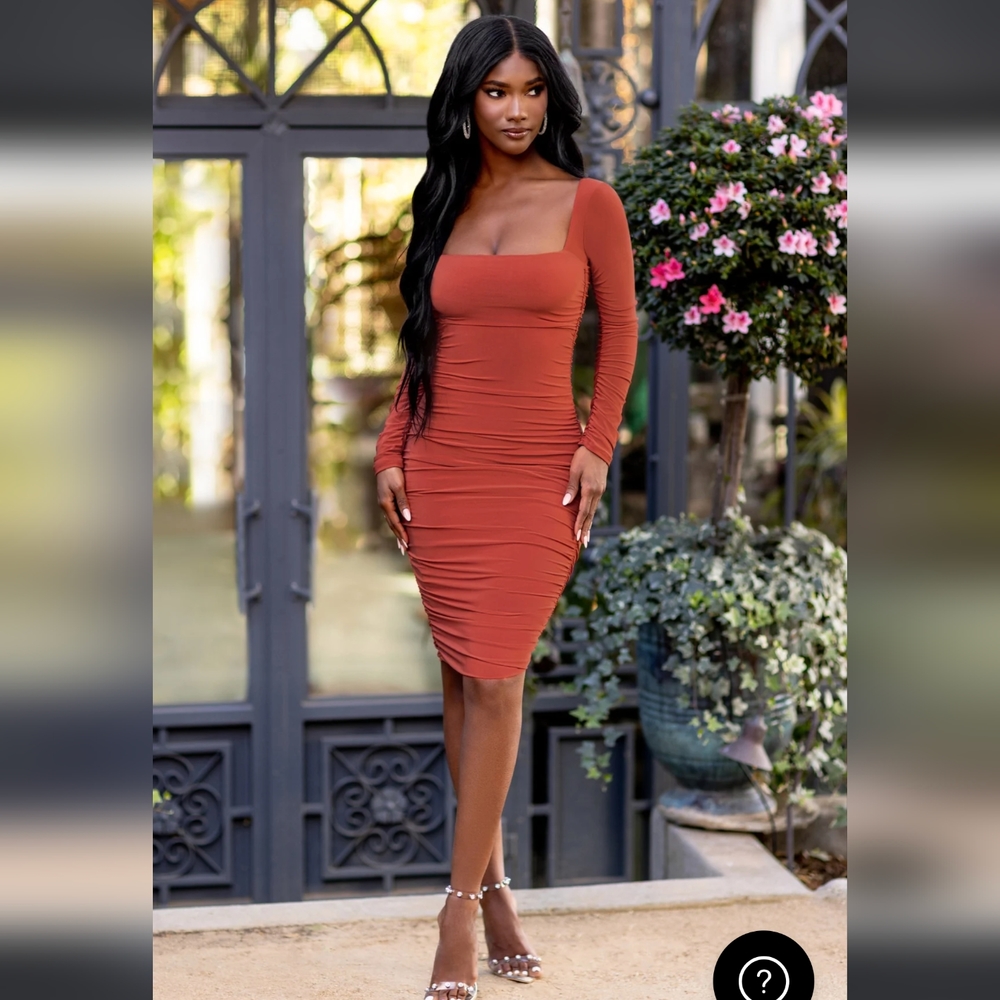 Club L London Seductress Long Sleeve Square Neck Ruched Mini Dress